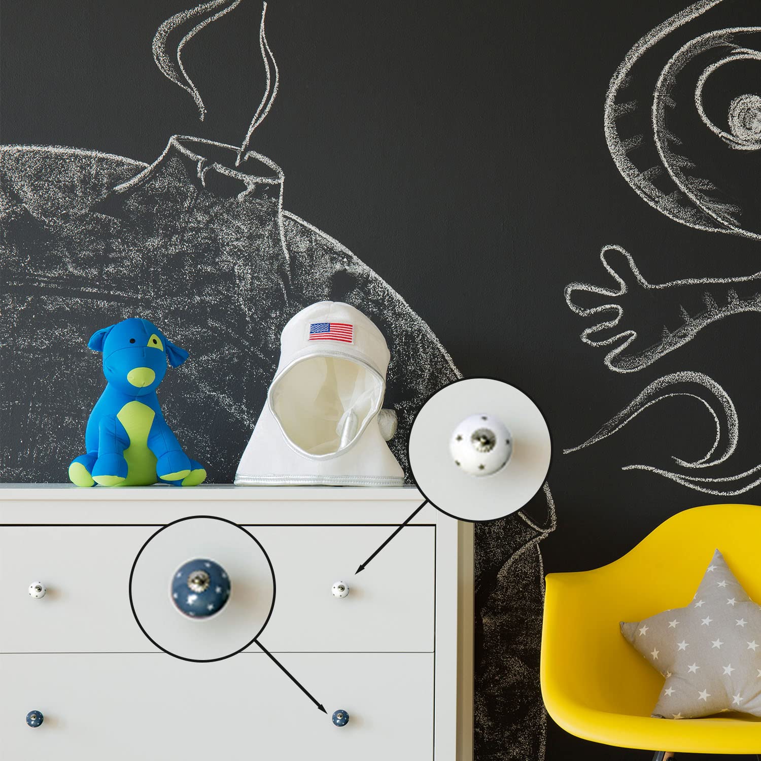 Set de 8 pomos tiradores de cerámica | Diseño estrellas gris y blanco | Decoración muebles, armarios, habitación infantil.-Nacnic-Nacnic Estudio SL