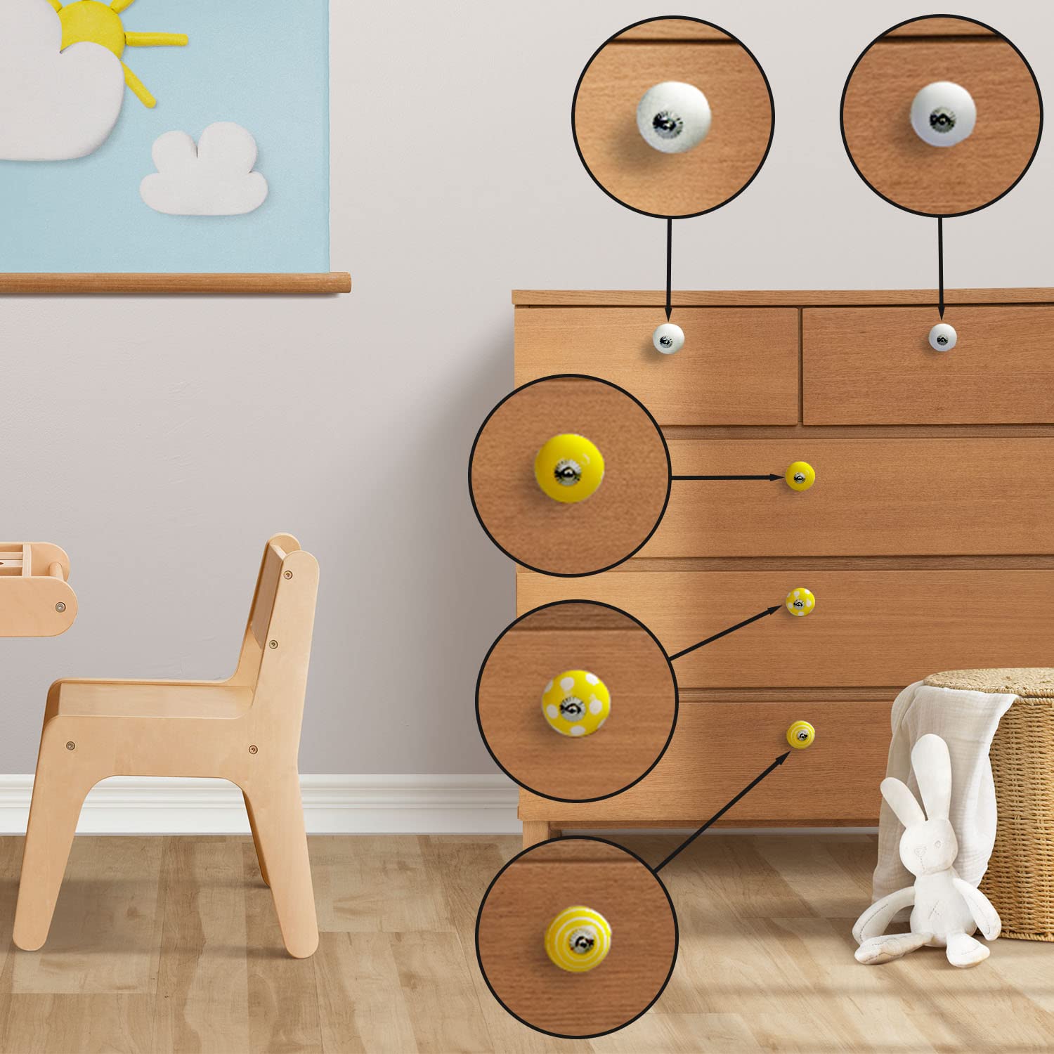 Juego de 8 pomos tiradores de cerámica | En colores amarillo y blanco | Decoración armarios, cocina y baño.-Nacnic-Nacnic Estudio SL
