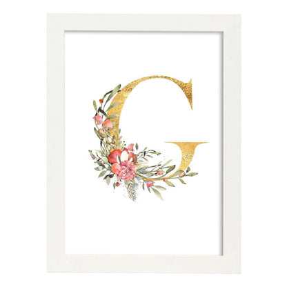 Poster de letra G. Lámina estilo Dorado Rosa con imágenes del alfabeto.-Artwork-Nacnic-A4-Marco Blanco-Nacnic Estudio SL