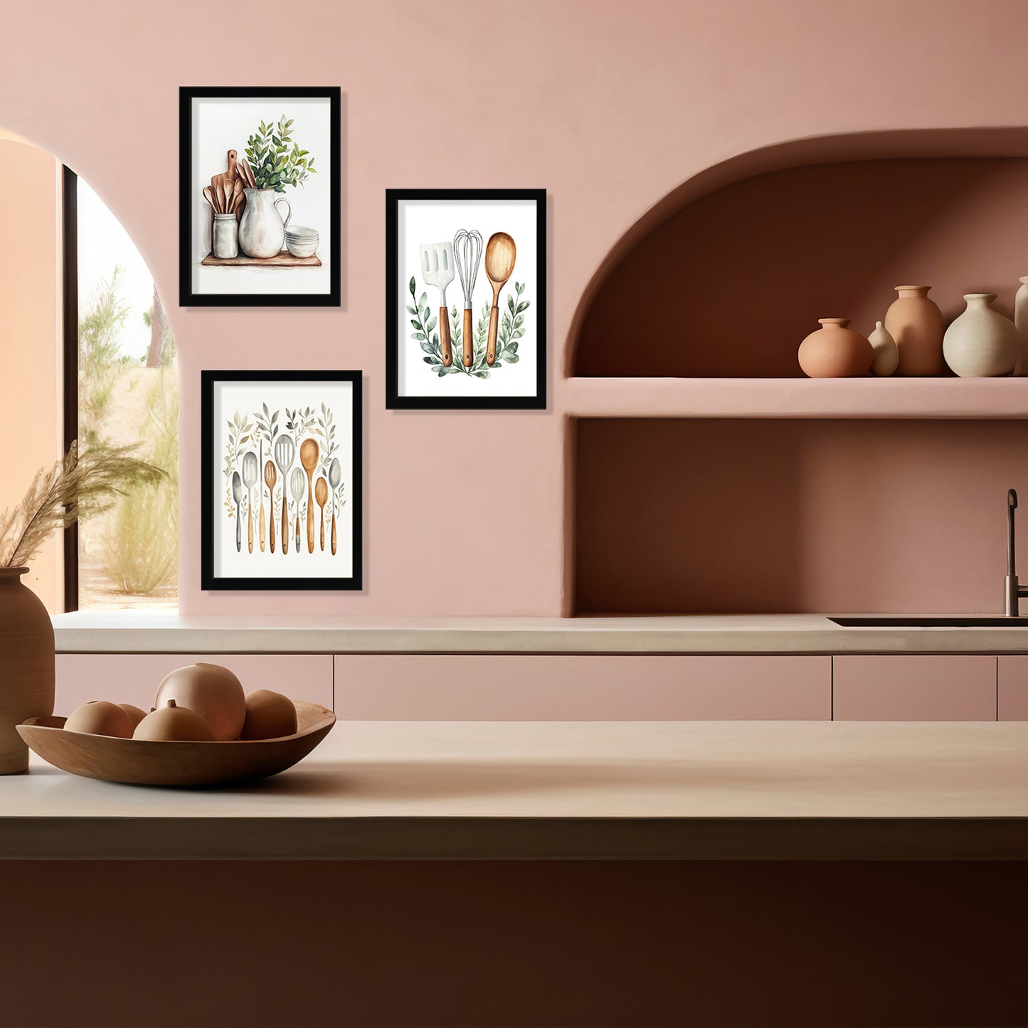 Set de 3 Cuadros Utensilios y herramientas de Cocina Póster en Acuarela con Ilustración impresa para decorar las paredes de la Cocina, Despensa, Comedor, Restaurante