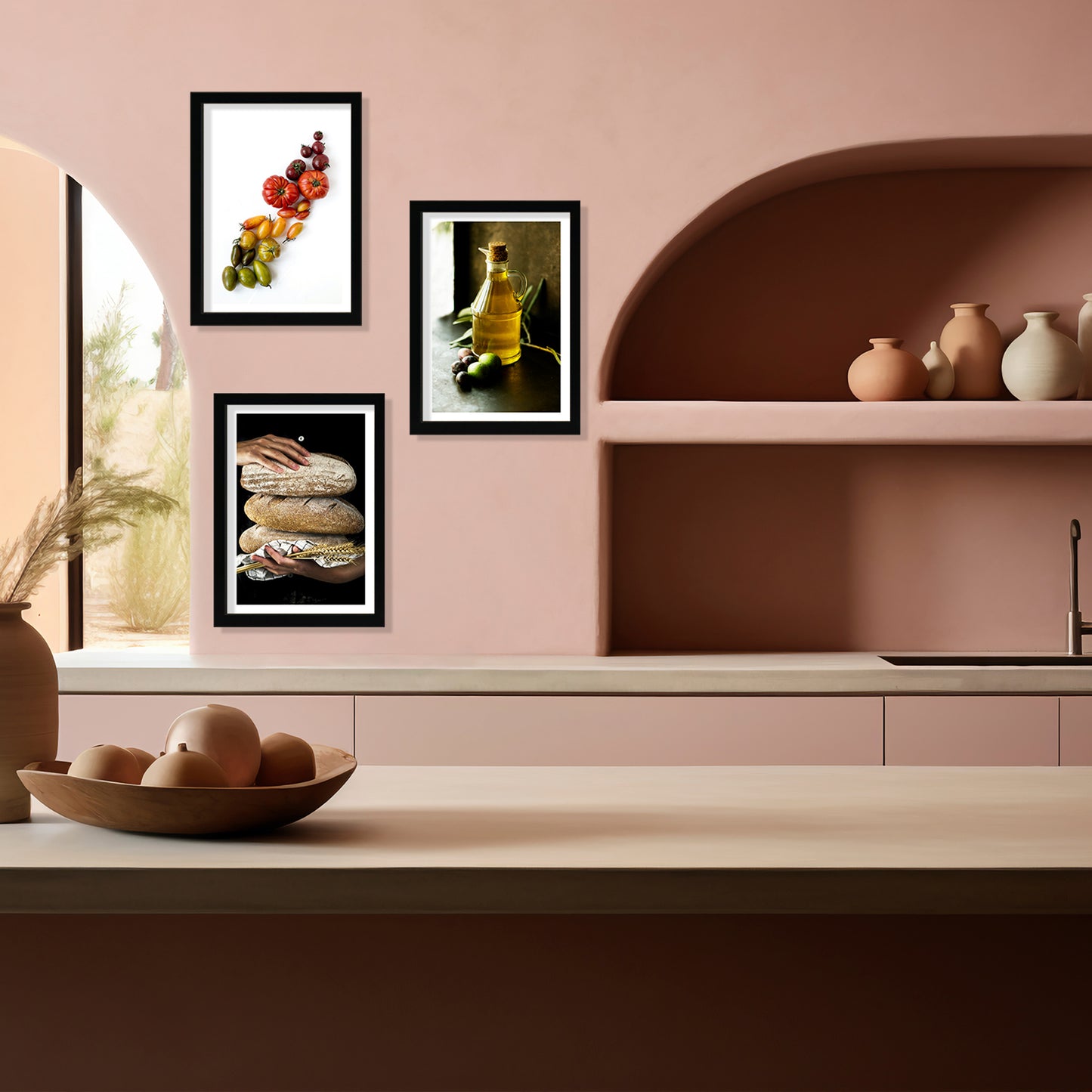 Set de 3 Cuadros de Cocina Mediterránea, Pan, Aceite de Oliva, Verduras Ilustración impresa en estilo Fotográfico para decorar Cocina, Despensa, Comedor, Restaurante, Cafetería