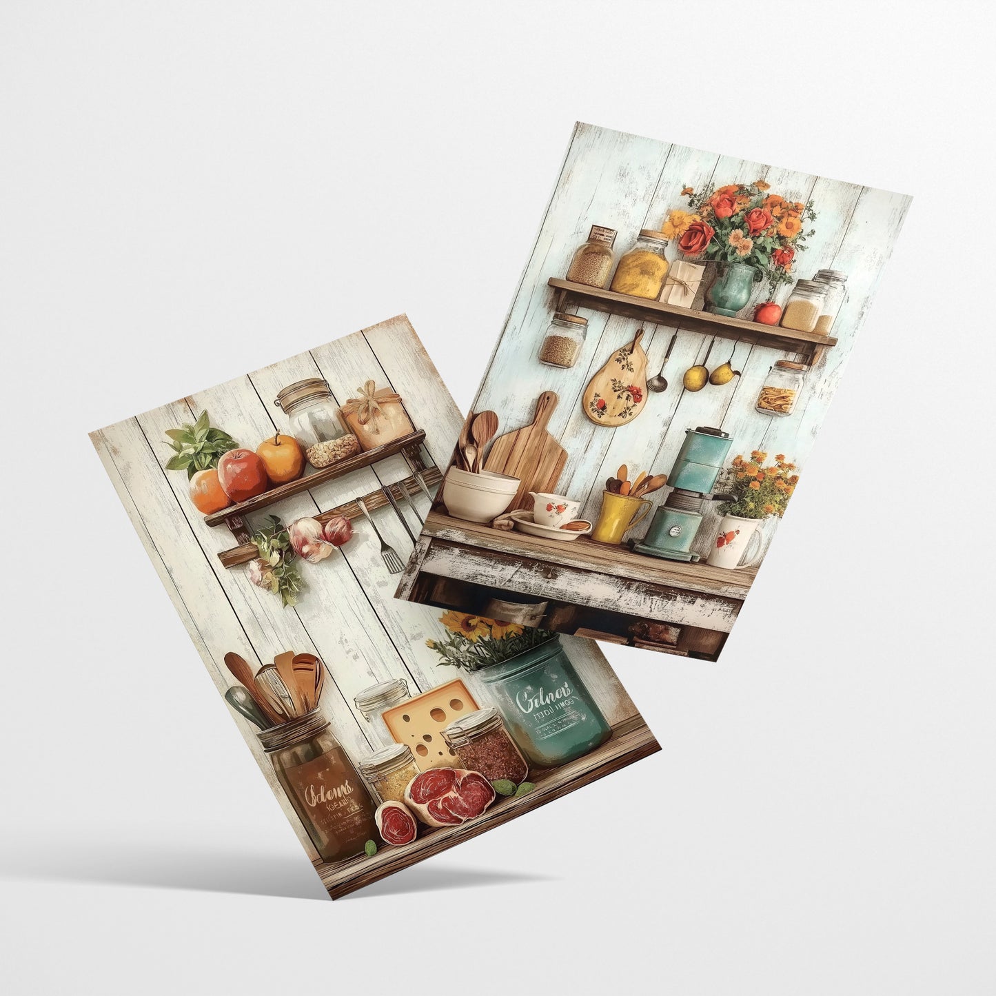 Set de 2 Cuadros de Cocina Rústica Impresión Ilustración en Estilo Campestre Arte de Pared para Decoración de Cocina, Despensa, Comedor, Restaurante