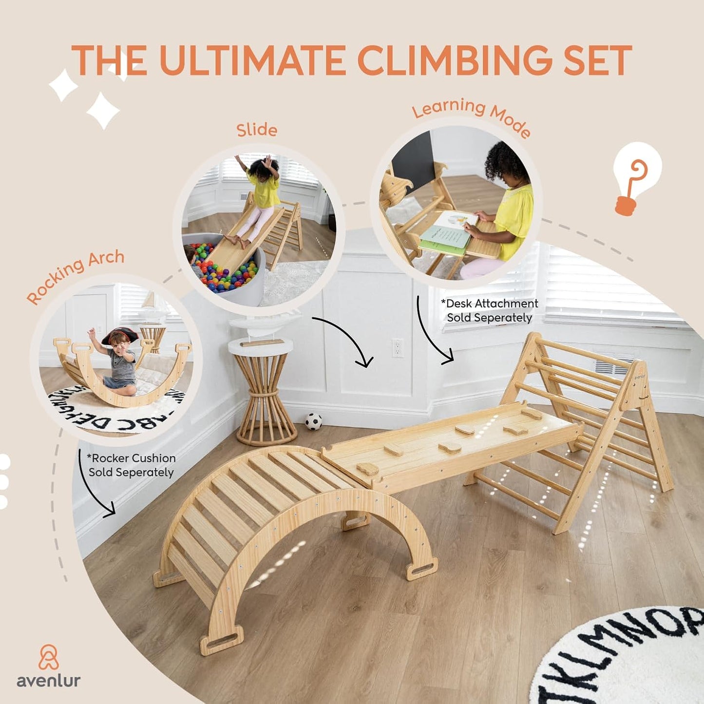 Gimnasio de escalada interior 5 en 1 Avenlur Hazel - Set de escalada Waldorf y Montessori con escalera triangular, rampa, arco trepador, balancín y tobogán - Juguetes Montessori para niños de 18 meses a 7 años (Natural)