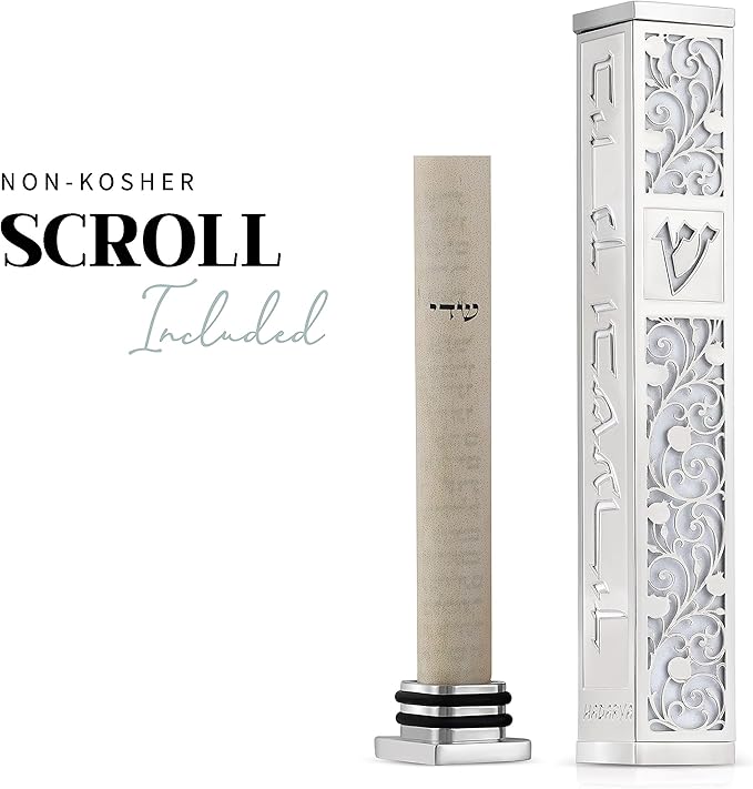 SURI Mezuzah para puerta con diseño de Jerusalén, caja de mezuzá plateada y blanca de 5 pulgadas con pergamino impreso en el interior, mezuzah moderna puerta judía, incluye adhesivo y caja de regalo