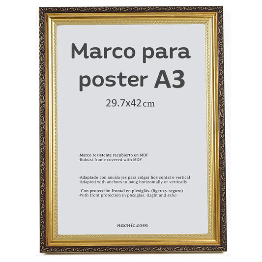 Nacnic - Marco de MDF dorado y cristal acrílico | Protección y soporte para fotos, lienzos, pósteres, cuadros y decoración para salón, dormitorio u oficina | A3 (29,7 x 42 cm)