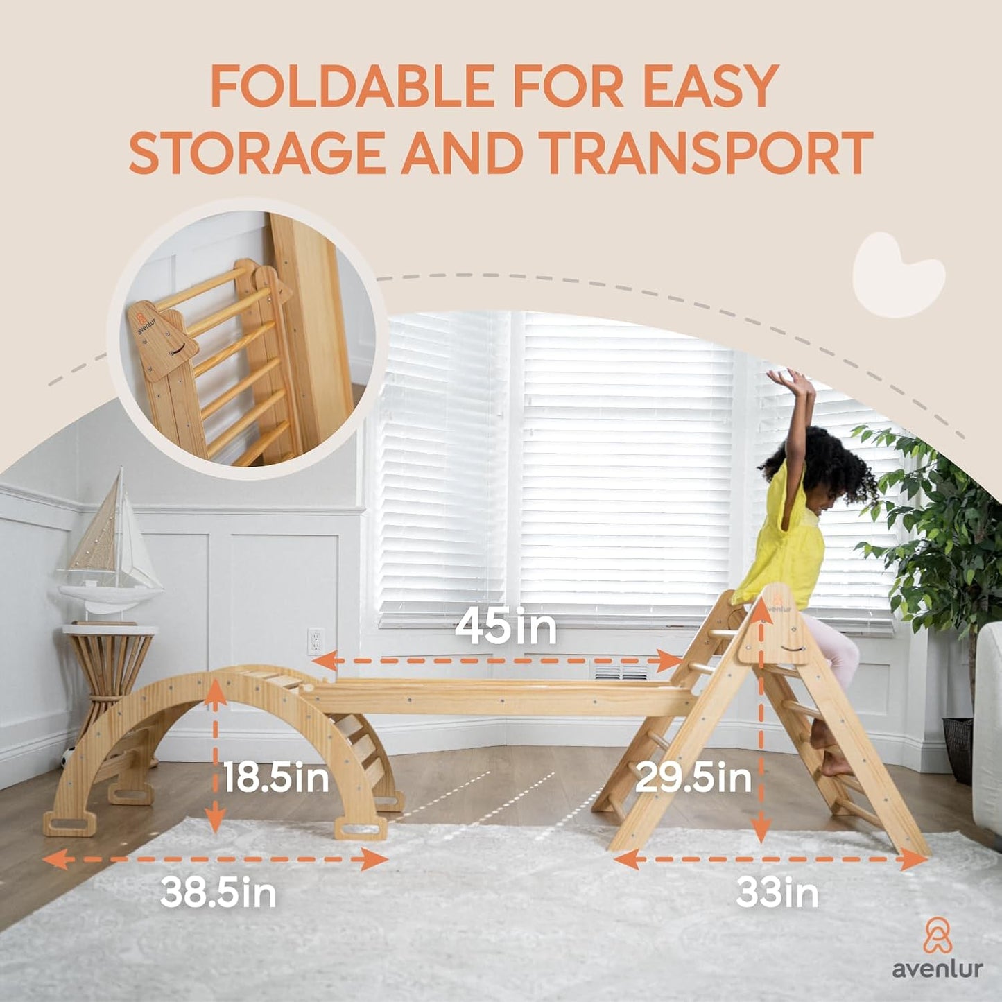 Gimnasio de escalada interior 5 en 1 Avenlur Hazel - Set de escalada Waldorf y Montessori con escalera triangular, rampa, arco trepador, balancín y tobogán - Juguetes Montessori para niños de 18 meses a 7 años (Natural)