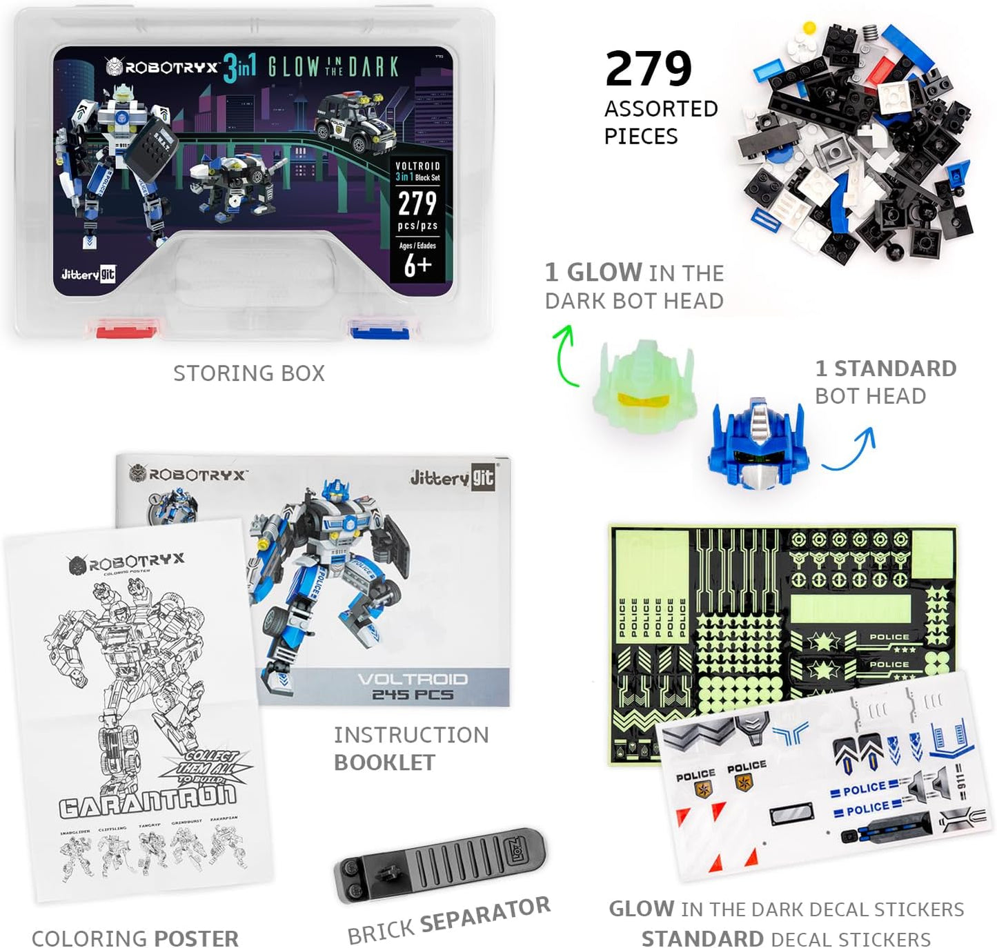 Jitterygit Juguete de construcción de robot de policía superhéroe para niños, regalo épico de cumpleaños STEM para niños de 7, 8, 9, 10 y 11 años (279 piezas) Robotryx