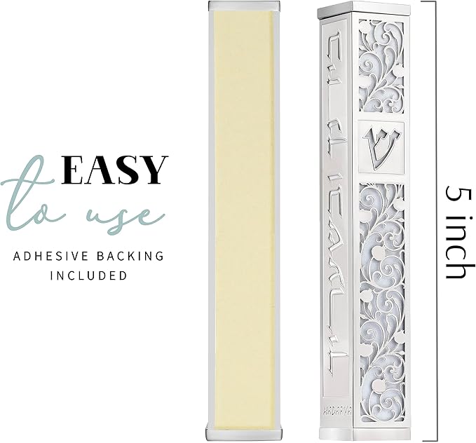 SURI Mezuzah para puerta con diseño de Jerusalén, caja de mezuzá plateada y blanca de 5 pulgadas con pergamino impreso en el interior, mezuzah moderna puerta judía, incluye adhesivo y caja de regalo
