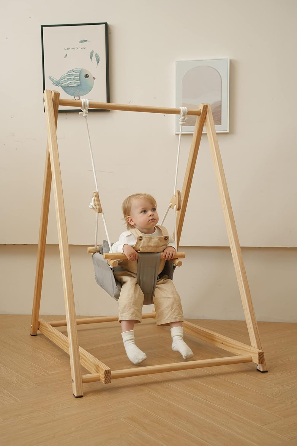 Columpio plegable Avenlur Spruce para bebés y niños pequeños con soporte - Columpio de interior autónomo estilo Waldorf Montessori de primera calidad para niños de 6 meses a 3 años - Perfecto para el hogar, la guardería y el preescolar