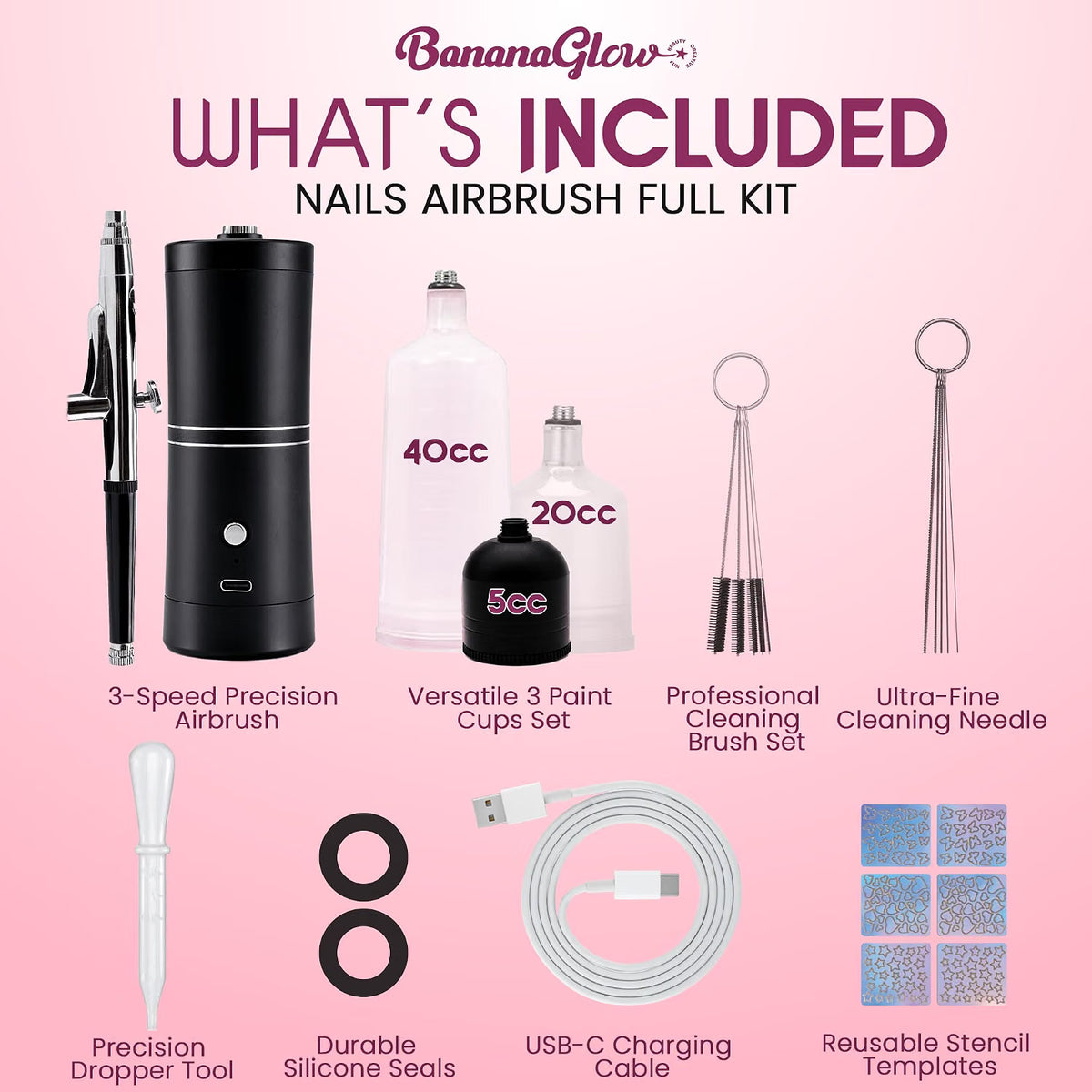 Kit de aerógrafo para uñas, portátil, inalámbrico, recargable, profesional, kit de aerógrafo con plantillas y herramientas de limpieza para artistas y técnicos