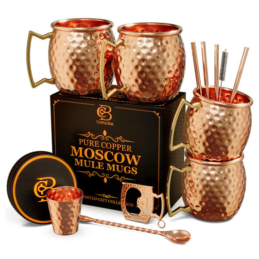 Moscow Mule Copper Mugs | Set of 4 Hammered Cups | 100% HANDCRAFTED Pure Solid Copper | Gift Set With Cocktail Straws | Shot Glass | Coasters | Copper Stirrer & Beer opener By Copper-Bar