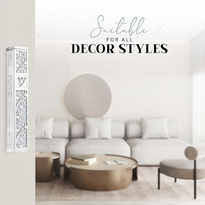 SURI Mezuzah para puerta con diseño de Jerusalén, caja de mezuzá plateada y blanca de 5 pulgadas con pergamino impreso en el interior, mezuzah moderna puerta judía, incluye adhesivo y caja de regalo