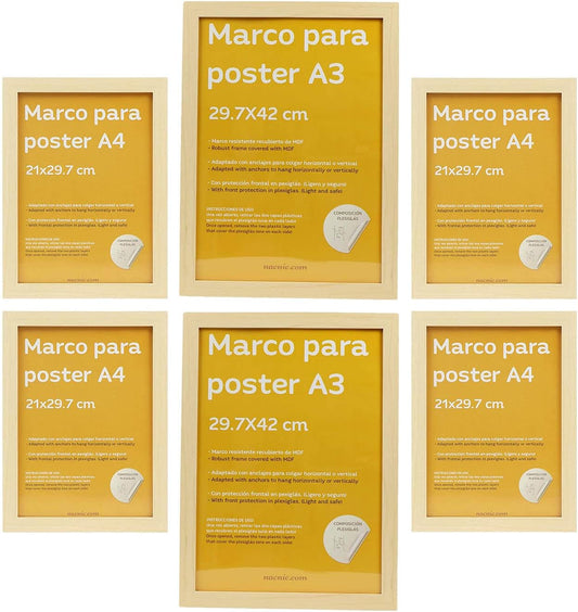 Nacnic - Set 6 Marcos - Madera MDF Clara y Plexiglás - 2 Marcos A3 y 4 Marcos A4 - Fotografía, Láminas, Decoración de Pared para Salón, Dormitorio y Oficina