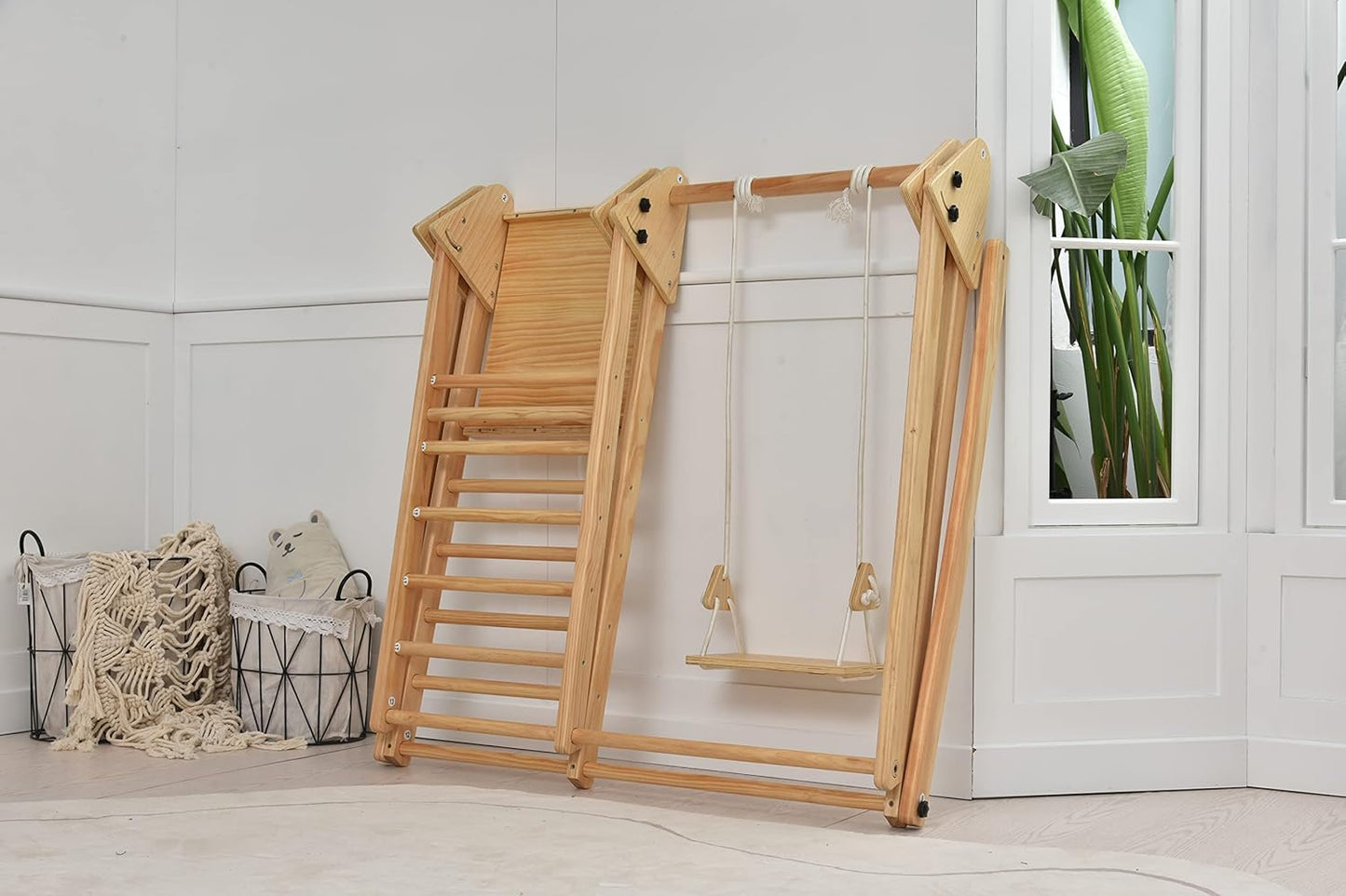 Gimnasio de juegos interior 4 en 1 Juniper de Avenlur: juego de gimnasio de jungla con columpio, tobogán, escalera y pared de escalada para bebés, juego de madera plegable, gimnasio de jungla interior para niños de 18 meses a 6 años