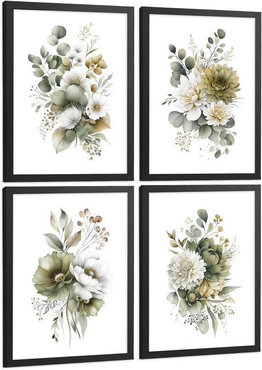 Nacnic Set De 4 Cuadros De Arte Boho Botanico. Laminas Decorativas Pared Floral Acuarela De Flores Verdes Minimalistas. Laminas Decorativas Pared Para Salón Y Dormitorio
