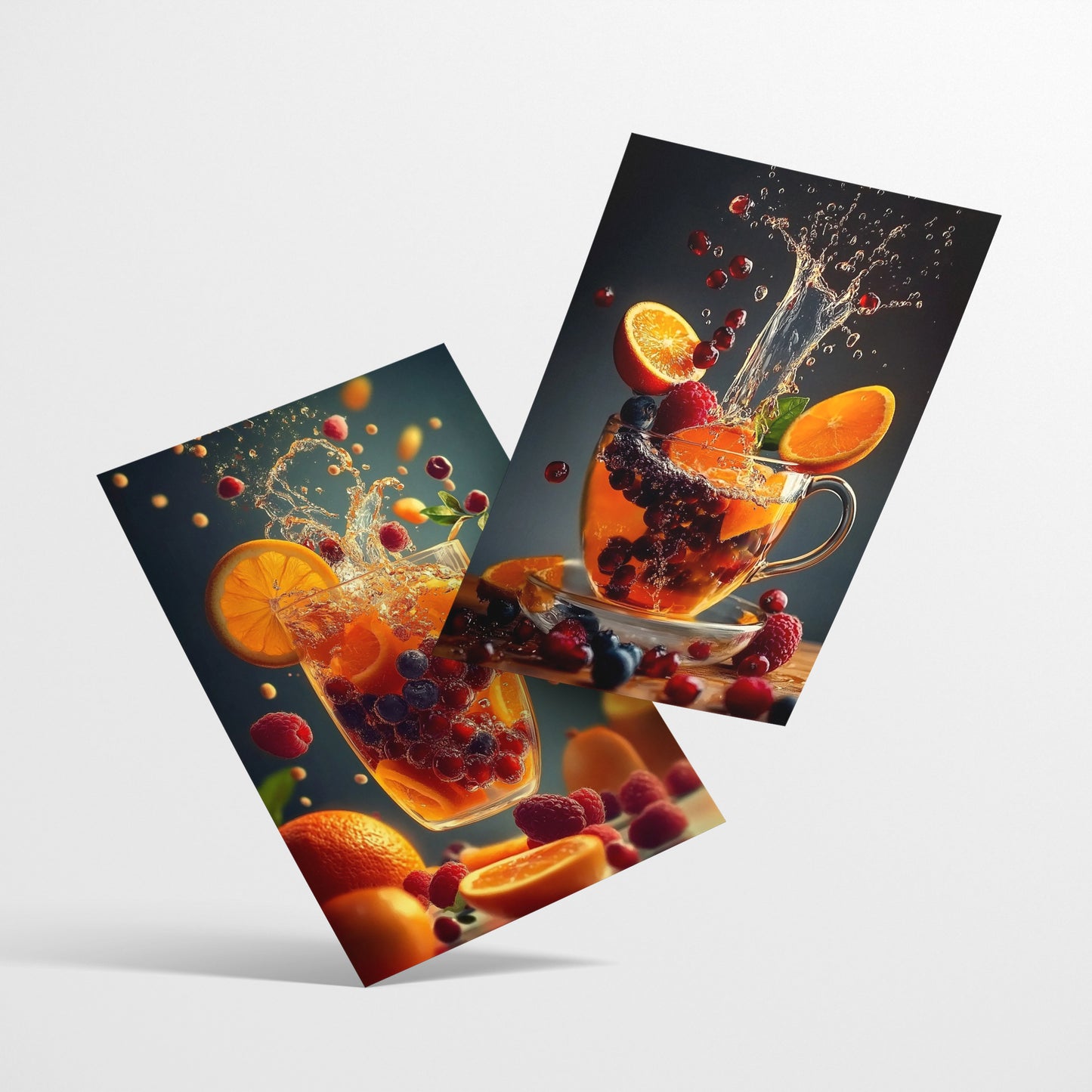 Set de 2 Cuadros de Colores con Té de Frutas Refrescantes Ilustración impresa en estilo Fotográfico para decorar las paredes de Cocina, Despensa, Comedor, Restaurante