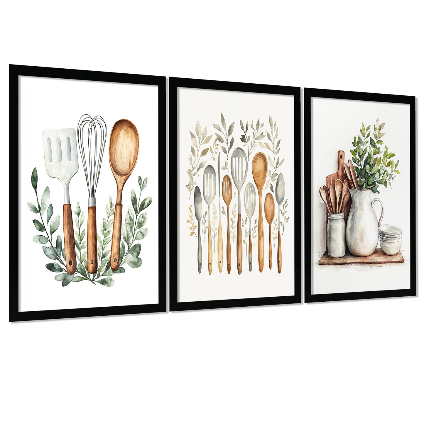Set de 3 Cuadros Utensilios y herramientas de Cocina Póster en Acuarela con Ilustración impresa para decorar las paredes de la Cocina, Despensa, Comedor, Restaurante