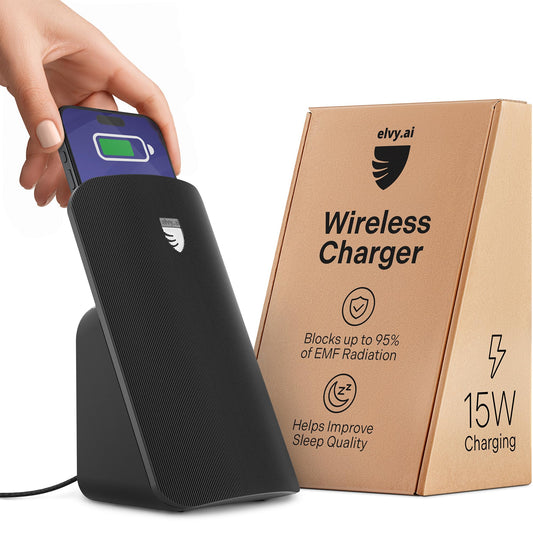 Cargador inalámbrico Qi Elvy Advanced EMF Blocker: Dispositivo de ayuda para dormir con protección EMF, cargador rápido compatible con Qi con bloqueador de radiación para celulares (negro azabache)