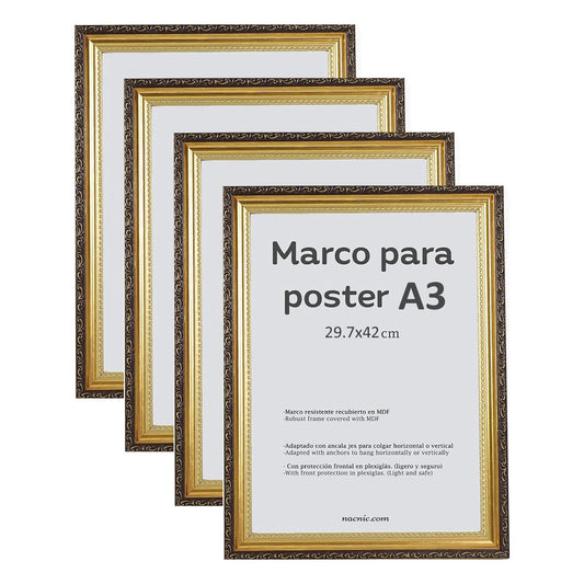 Nacnic - Packung mit 4 goldenen MDF-Rahmen und Acrylglas | Schutz und Präsentationsständer für Fotos, Plakate, Poster, Bilder und Dekorationen für Wohnzimmer, Schlafzimmer oder Büro | A3 (29,7 x 42cm)