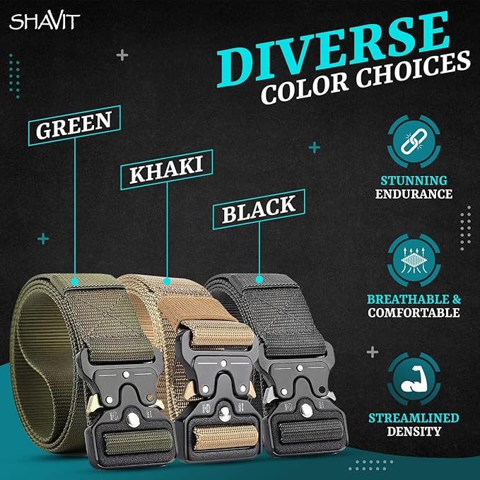 SHAVIT Cinturones tácticos para hombre, estilo militar, trabajo, senderismo, aparejadores, cinturón de nailon con hebilla de metal de liberación rápida