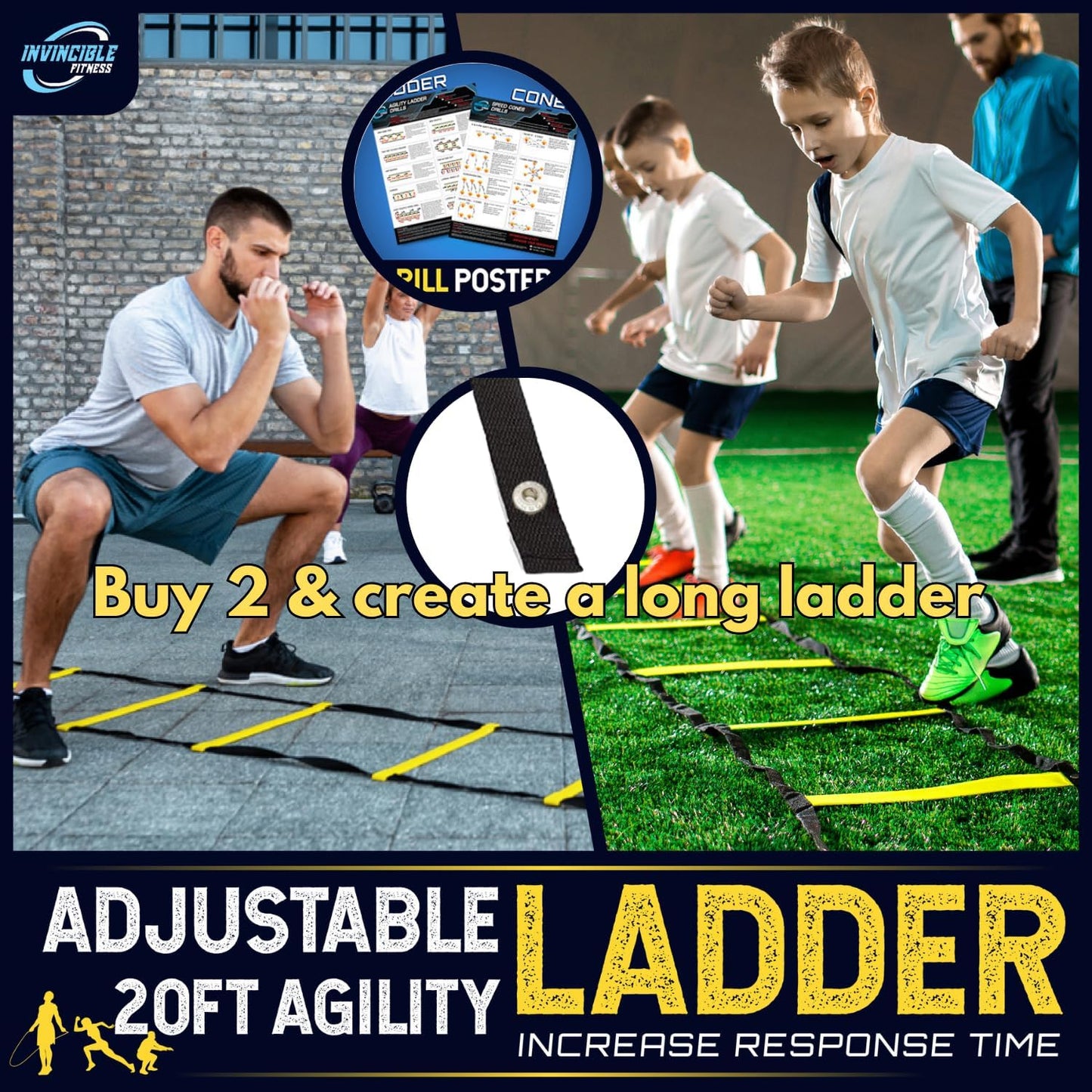 Juego de escalera de agilidad Invincible Fitness: entrenamiento de velocidad y coordinación con conos de agilidad y bolsa de transporte, ideal para fútbol, fútbol americano y entrenamientos con entrenadores personales