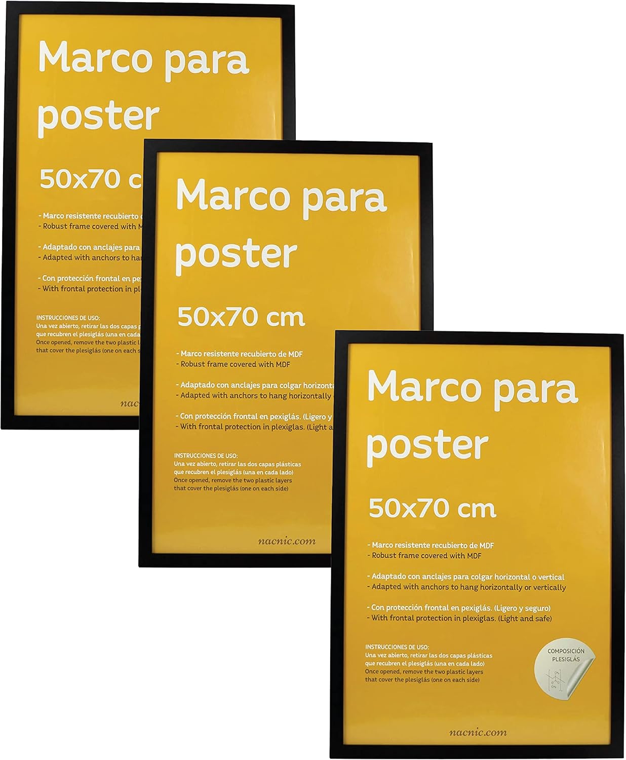 Nacnic - Pack 3 Marcos - Madera Mdf Negro y Vidrio Acrílico - 50x70 Cm Extra Grande - Fotografía, Láminas, Decoración Mural para Salón y Dormitorio