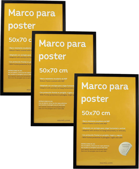 Nacnic - Pack 3 Marcos - Madera Mdf Negro y Vidrio Acrílico - 50x70 Cm Extra Grande - Fotografía, Láminas, Decoración Mural para Salón y Dormitorio