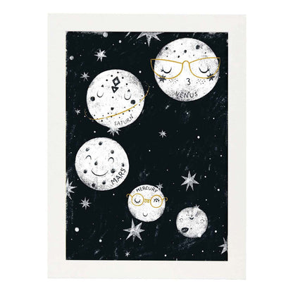 Lámina Cinco planetas. Estilo nordico blanco y negro. Composiciones planetarias infantiles-Artwork-Nacnic-A4-Marco Blanco-Nacnic Estudio SL