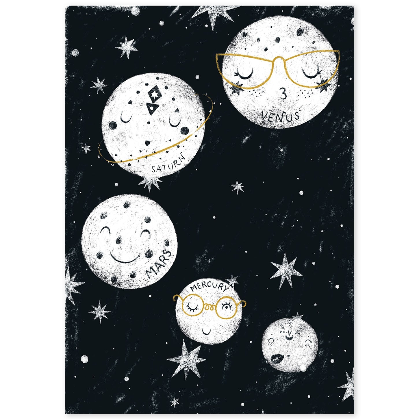 Lámina Cinco planetas. Estilo nordico blanco y negro. Composiciones planetarias infantiles-Artwork-Nacnic-A4-Sin marco-Nacnic Estudio SL