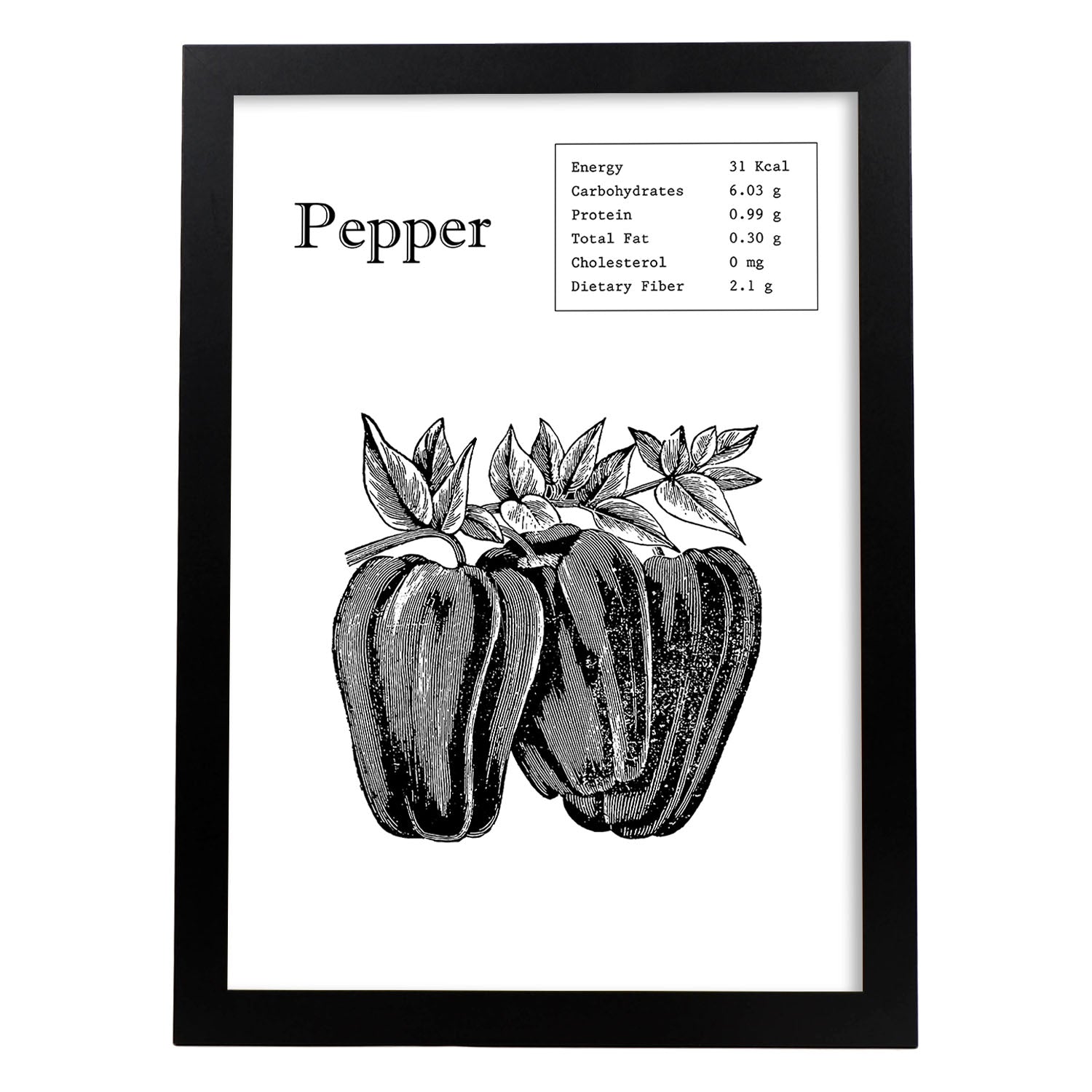 Poster de Pepper. Láminas de frutas y verduras en inglés.-Artwork-Nacnic-A4-Marco Negro-Nacnic Estudio SL