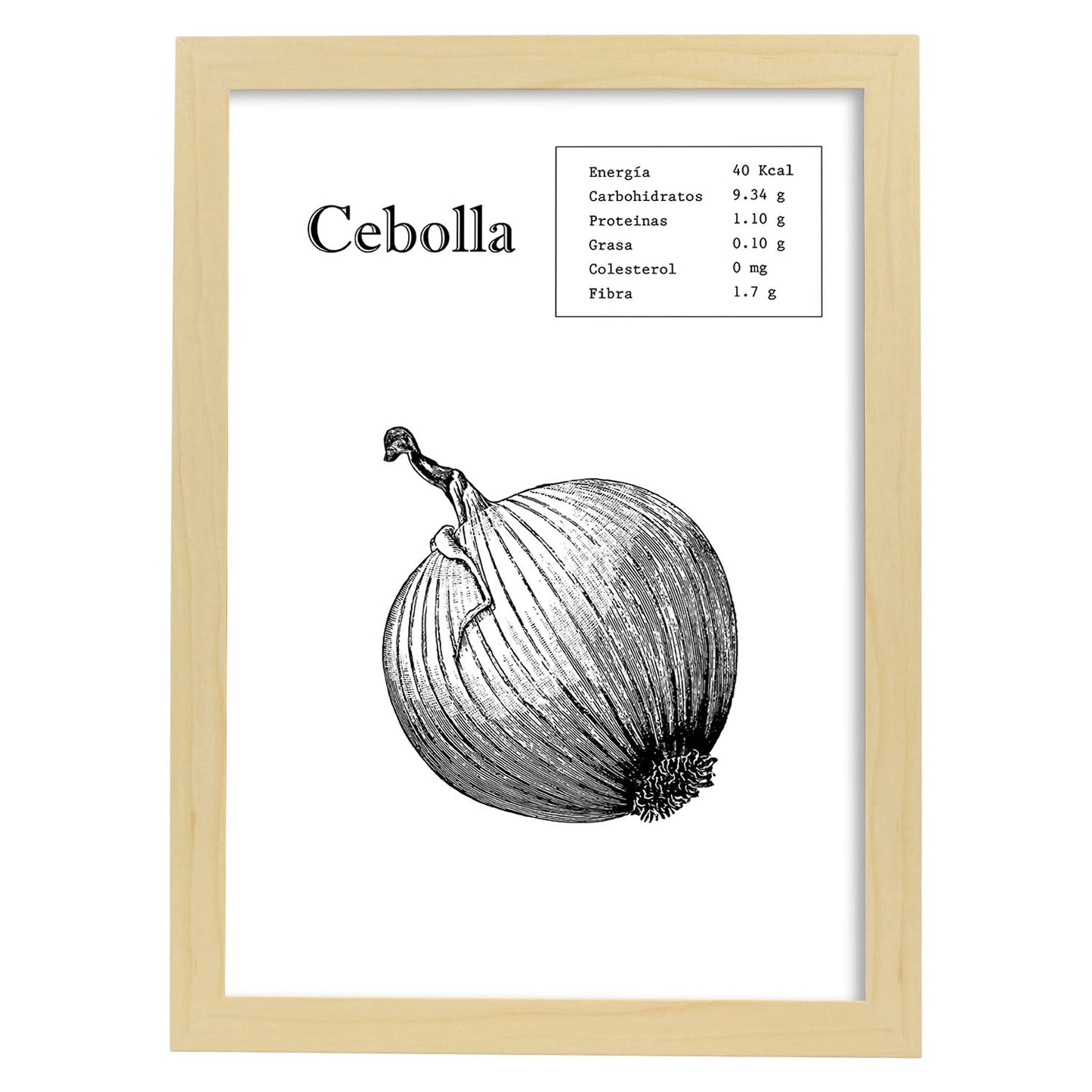 Poster de Cebolla. Láminas de frutas y verduras.-Artwork-Nacnic-A4-Marco Madera clara-Nacnic Estudio SL