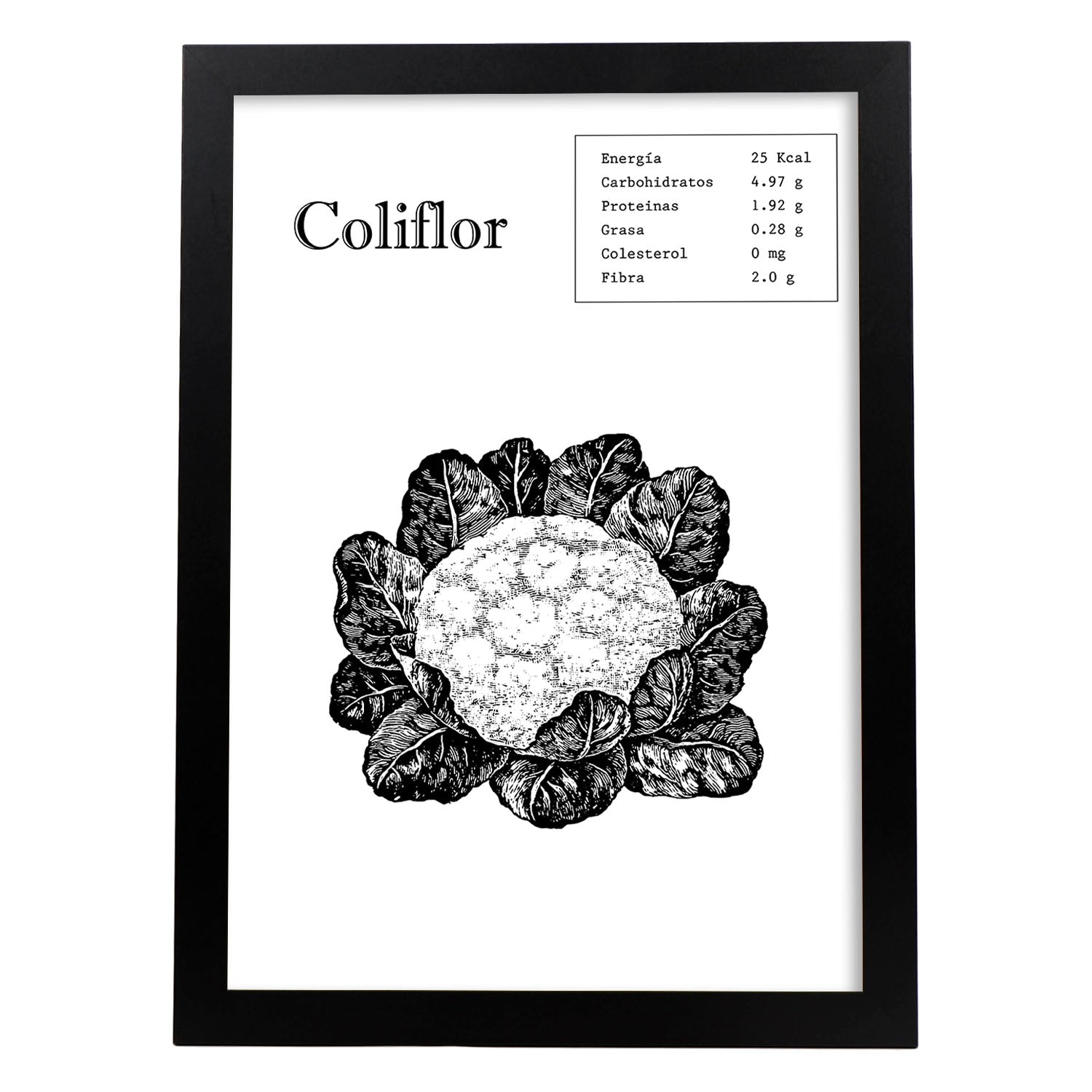 Poster de Coliflor. Láminas de frutas y verduras.-Artwork-Nacnic-A4-Marco Negro-Nacnic Estudio SL