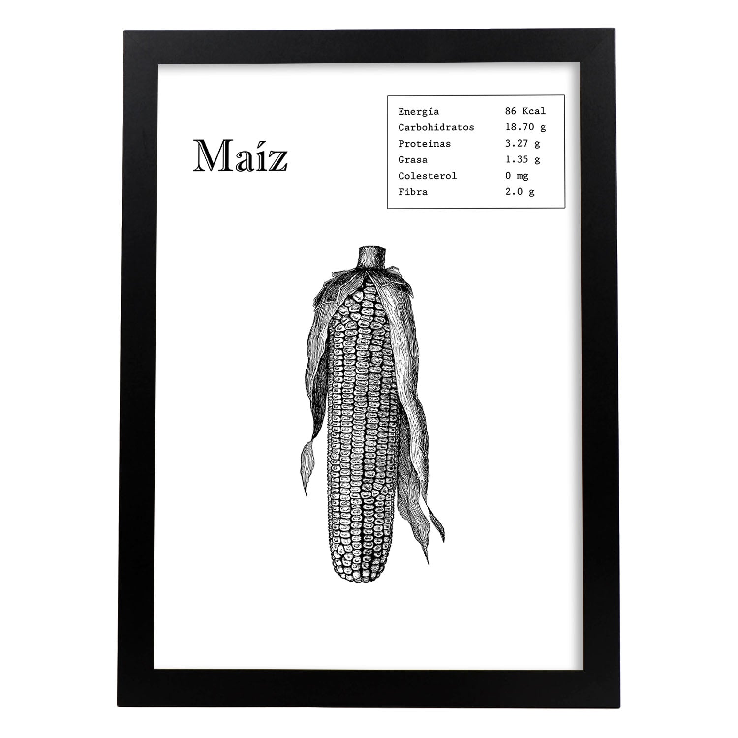 Poster de Maíz. Láminas de frutas y verduras.-Artwork-Nacnic-A4-Marco Negro-Nacnic Estudio SL