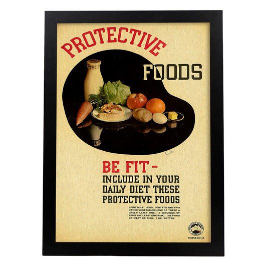 Poster vintage. Cartel vintage educacional sobre el habito "comer sano".-Artwork-Nacnic-A4-Marco Negro-Nacnic Estudio SL