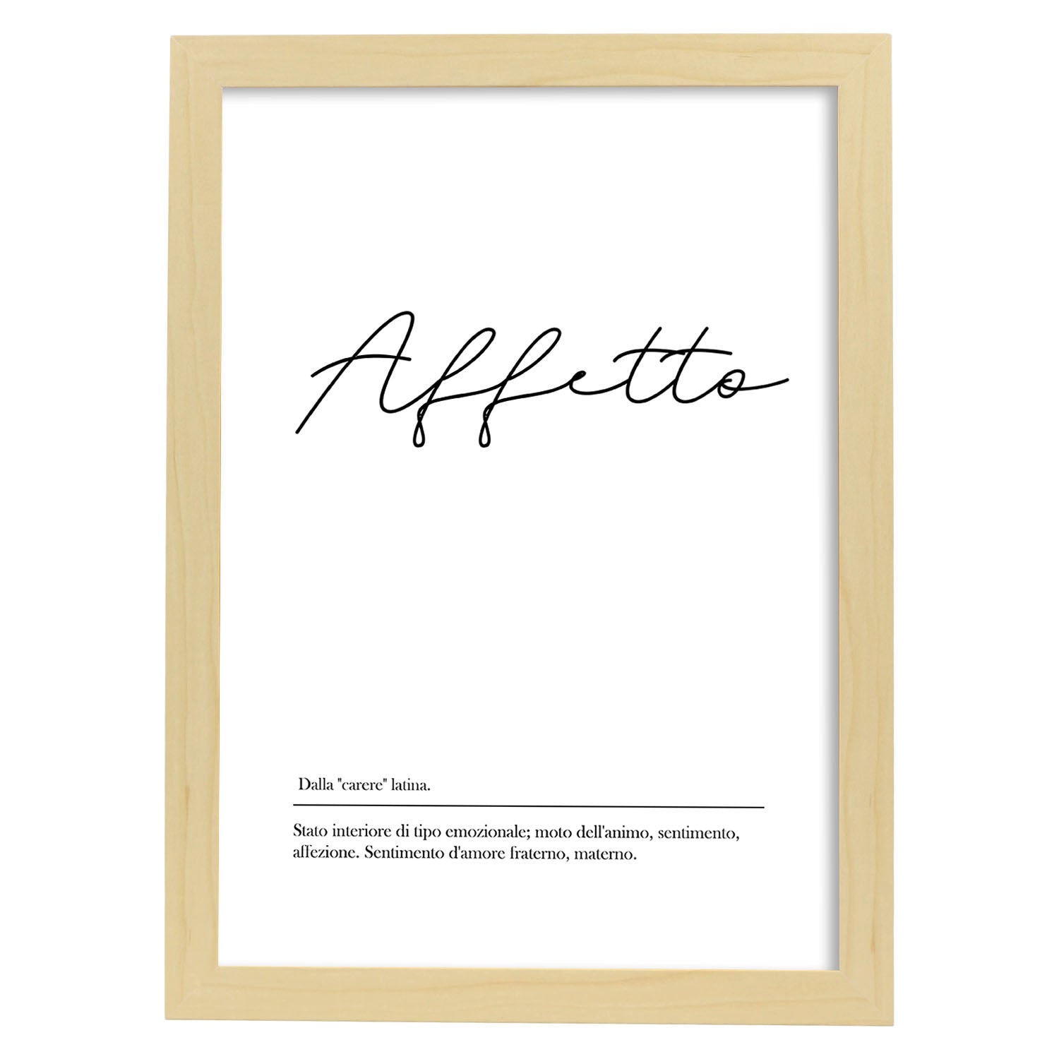 Lámina con definicion de palabras en italiano. Poster 'Affeto' de palabras con definiciones.-Artwork-Nacnic-A4-Marco Madera clara-Nacnic Estudio SL