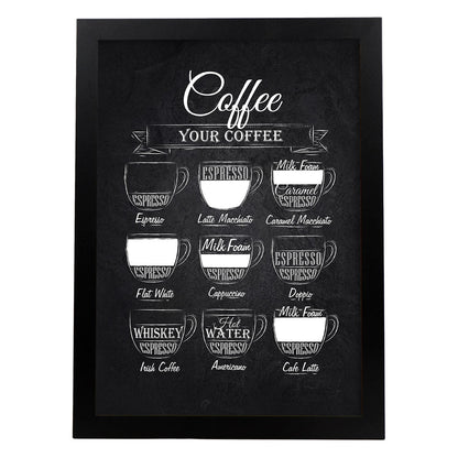 Láminas de café. Poster con diseño Café fondo negro.-Artwork-Nacnic-A4-Marco Negro-Nacnic Estudio SL