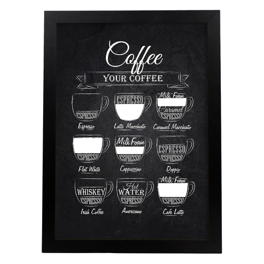Láminas de café. Poster con diseño Café fondo negro.-Artwork-Nacnic-A4-Marco Negro-Nacnic Estudio SL