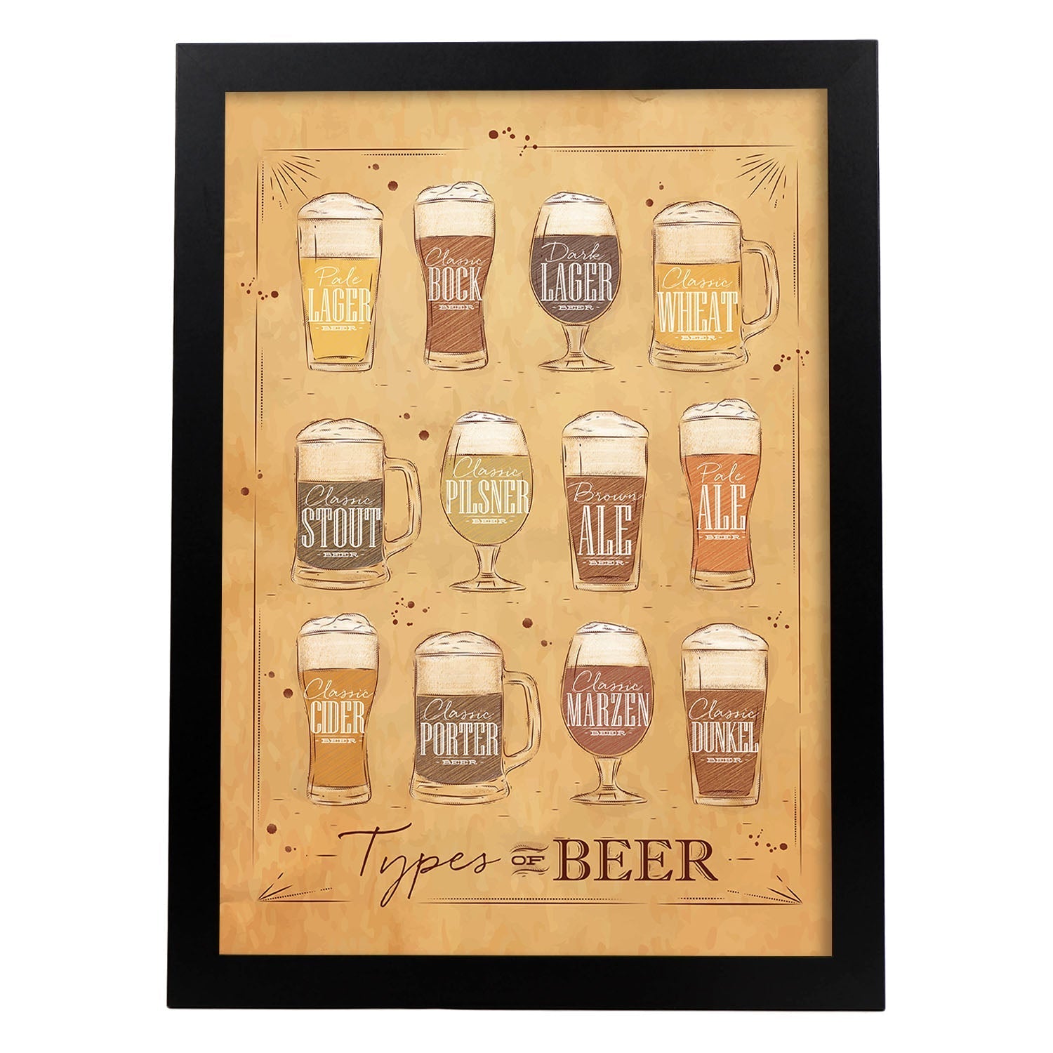 Posters de cervezas y chupitos. Lámina de Tipos de cervezas. Posters de alcohol y bebidas para bares.-Artwork-Nacnic-A3-Marco Negro-Nacnic Estudio SL