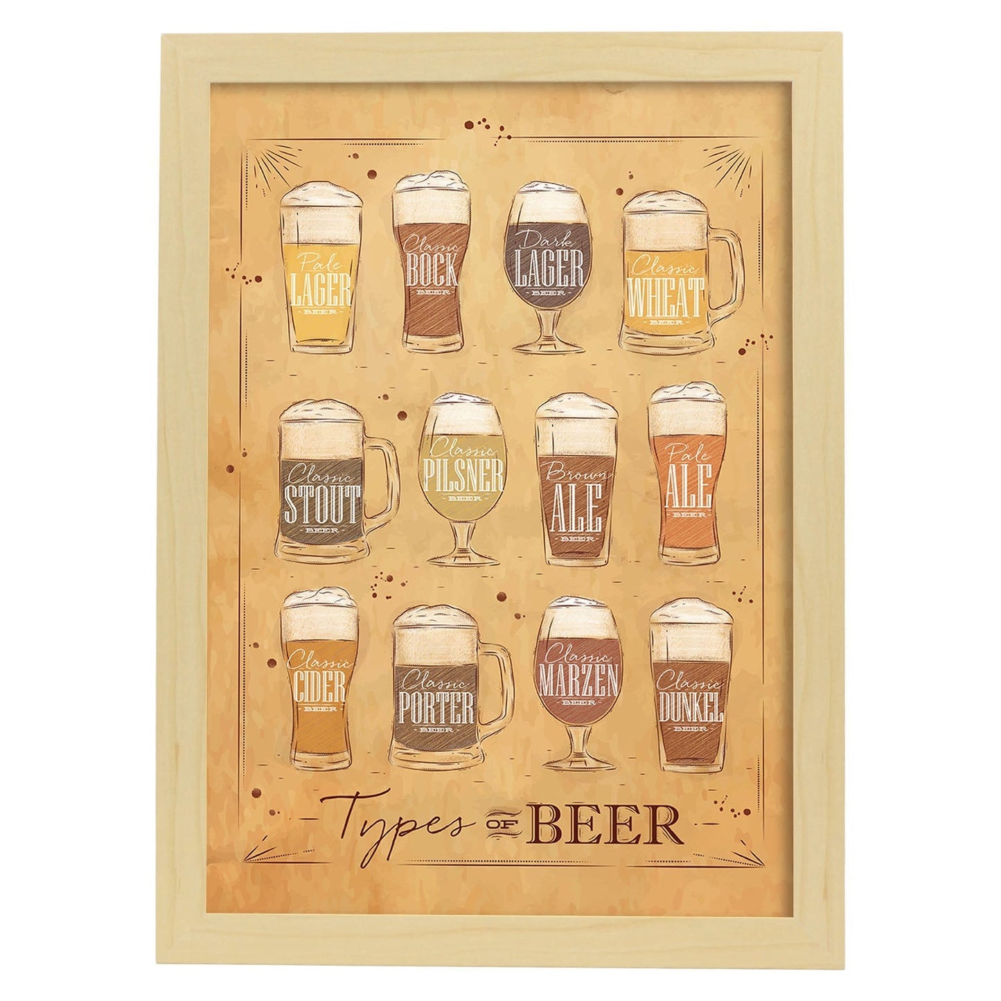 Posters de cervezas y chupitos. Lámina de Tipos de cervezas. Posters de alcohol y bebidas para bares.-Artwork-Nacnic-A3-Marco Madera clara-Nacnic Estudio SL