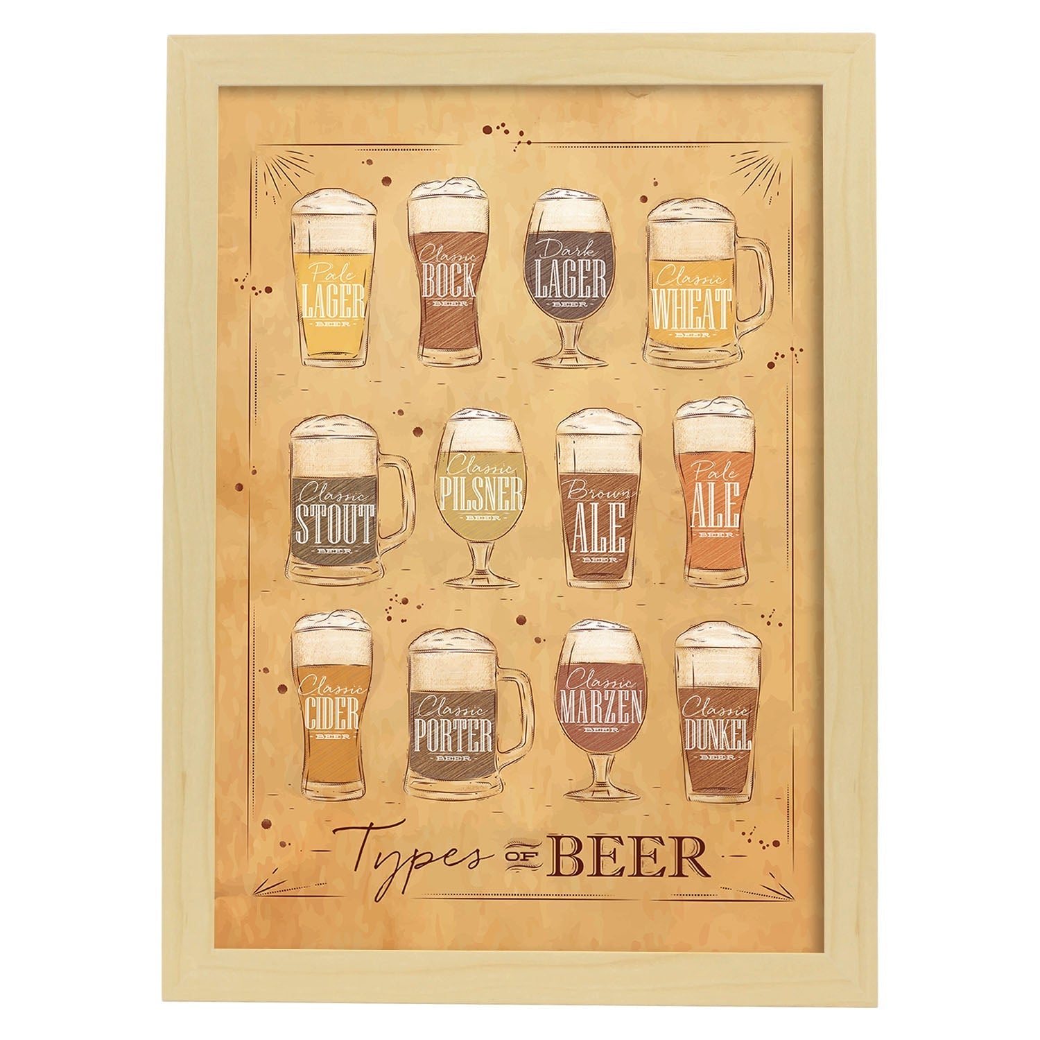 Posters de cervezas y chupitos. Lámina de Tipos de cervezas. Posters de alcohol y bebidas para bares.-Artwork-Nacnic-A4-Marco Madera clara-Nacnic Estudio SL