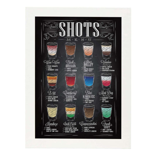Posters de cervezas y chupitos. Lámina de Tipos de chupitos. Posters de alcohol y bebidas para bares.-Artwork-Nacnic-A4-Marco Blanco-Nacnic Estudio SL