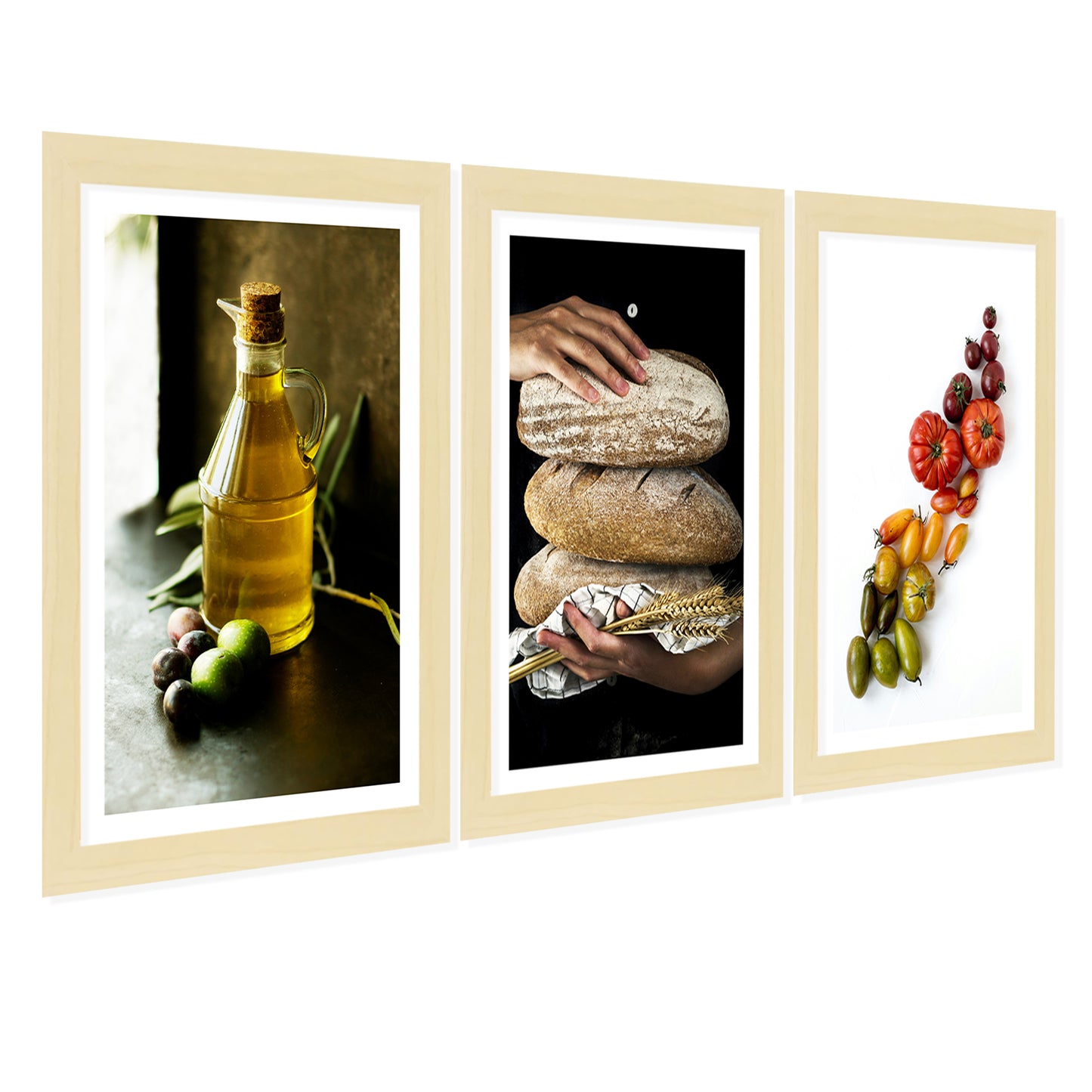 Set de 3 Cuadros de Cocina Mediterránea, Pan, Aceite de Oliva, Verduras Ilustración impresa en estilo Fotográfico para decorar Cocina, Despensa, Comedor, Restaurante, Cafetería