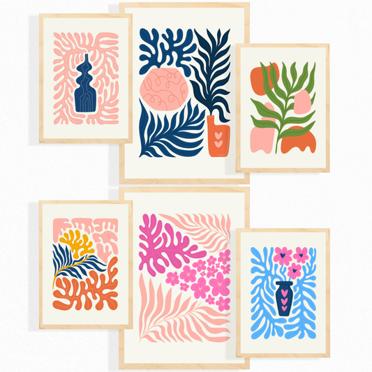 Set de 6 pósters Flower Power en colores pastel. Láminas minimalistas de flores y hojas con estilo moderno para decorar hogar, oficina o estudio. Tamaños A3 y A4.
