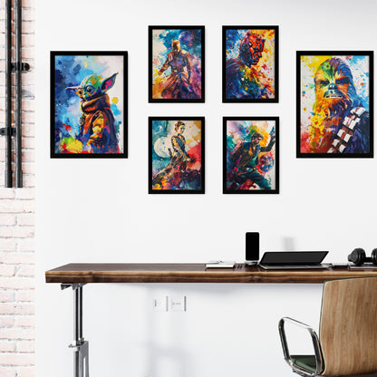 Set de 6 láminas coloridas de Star Wars con Yoda, Chewbacca, Rey, Han Solo, Darth Maul y Mace Windu para decorar hogar, oficina o tienda – 2 grandes y 4 medianos