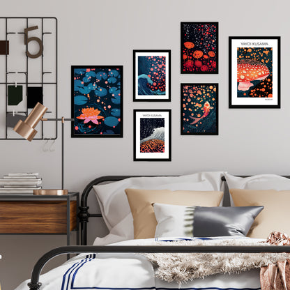 Set de 6 láminas estilo Yayoi Kusama con setas, olas, flores y peces en colores oscuros y patrones de lunares para decorar hogar, oficina o tienda – 2 grandes y 4 medianos