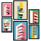 Set de 6 láminas estilo Bauhaus con ilustraciones arquitectónicas modernas en colores vivos para decorar oficina, salón o negocio – 2 grandes y 4 medianos