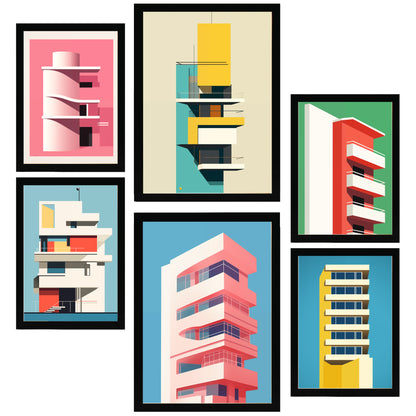 Set de 6 láminas estilo Bauhaus con ilustraciones arquitectónicas modernas en colores vivos para decorar oficina, salón o negocio – 2 grandes y 4 medianos