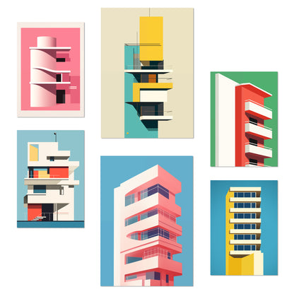 Set de 6 láminas estilo Bauhaus con ilustraciones arquitectónicas modernas en colores vivos para decorar oficina, salón o negocio – 2 grandes y 4 medianos