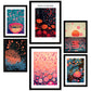Set de 6 pósters estilo pop art japonés con ilustraciones de puntos y olas inspiradas en Yayoi Kusama en tonos rosa, naranja y azul para hogar moderno o tienda, 2 grandes y 4 medianos