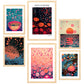 Set de 6 pósters estilo pop art japonés con ilustraciones de puntos y olas inspiradas en Yayoi Kusama en tonos rosa, naranja y azul para hogar moderno o tienda, 2 grandes y 4 medianos